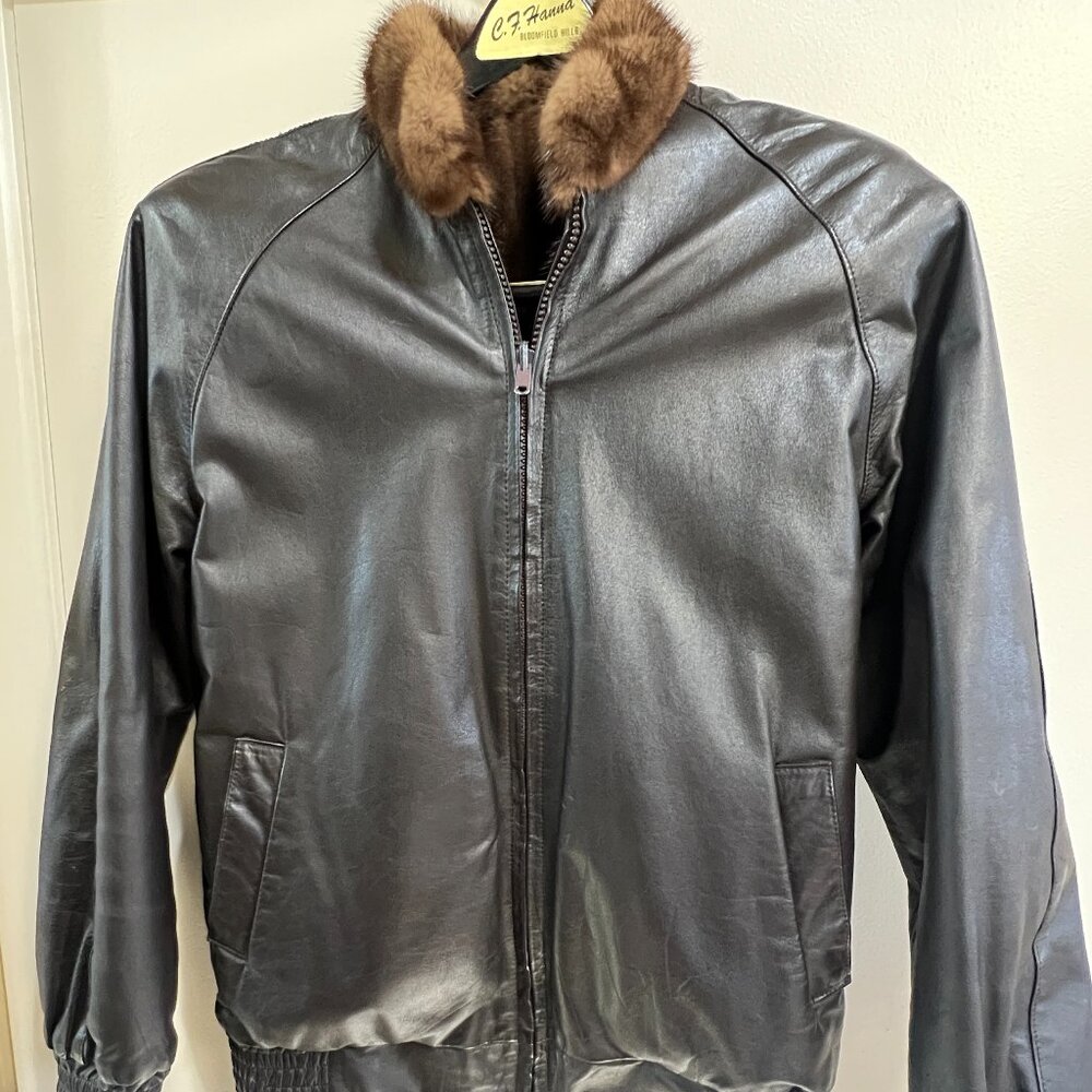 Reversible Dark Brown Leather and Mink Fur Jacket with pockets - Vintage Size 2